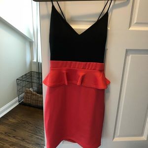 Coral and Black Peplum Cocktail Dress